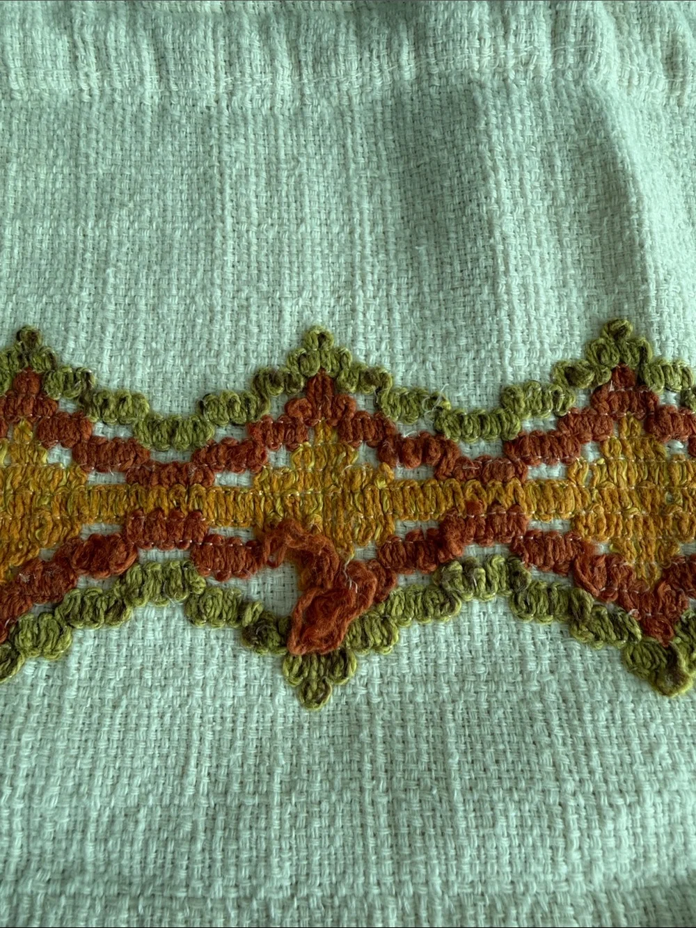 1970’s Boho MCM Cafe Curtain Valances in Cream & Embroidered Oranges and Green